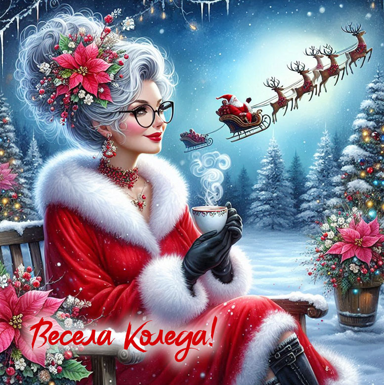 Зимна-идилия---Картичка-с-Госпожа-Коледа-в-снежната-гора