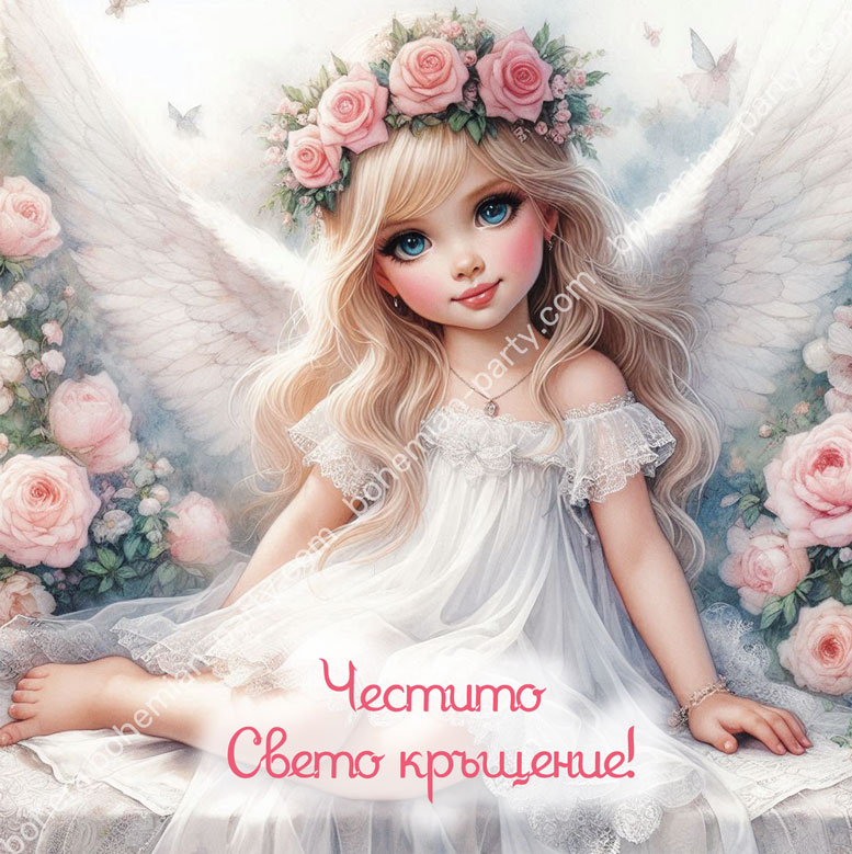 картичка-за-кръщене-с-ангелче-в-бяло-с-розови-цветя