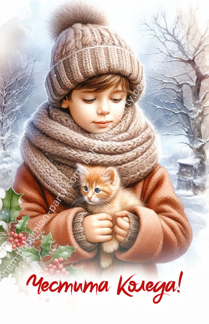 коледна-картичка-с-малко-момче-с-котенце-в-снега