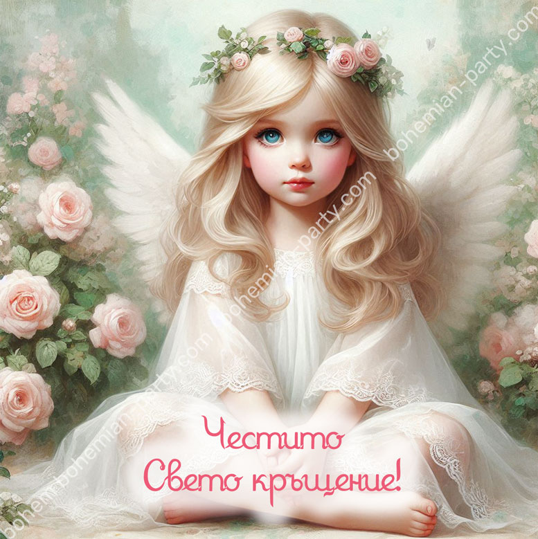 малко-бяло-ангелче-в-цветна-градина-картичка-за-кръщене-на-момиченце