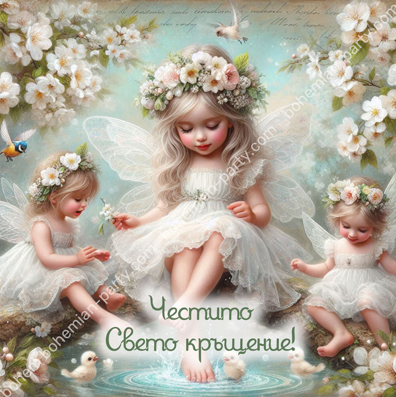 -картичка-за-кръщене-с-бели-ангелчета-и-бели-цветя