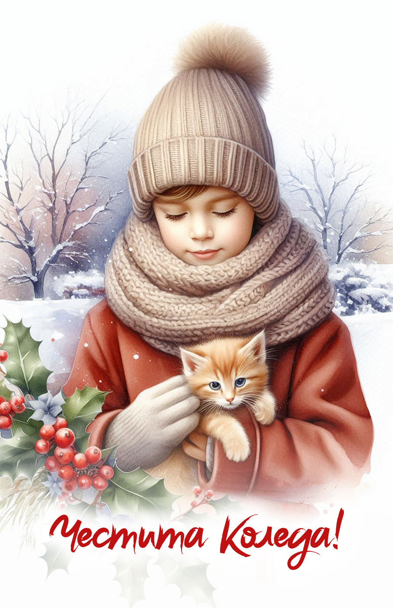 картичка-за-коледа-с-момче-с-котенце-в-снега