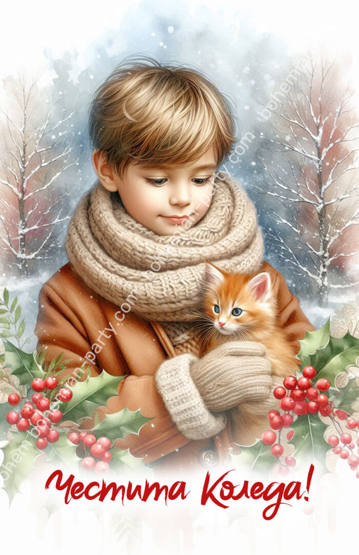 малко-момче-с-коте-и-коледни-боровинки-картичка-за-коледа
