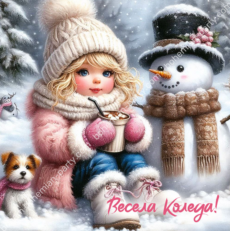 малко-момичеенце-със-снежен-човек-в-розово-коледна-картичка