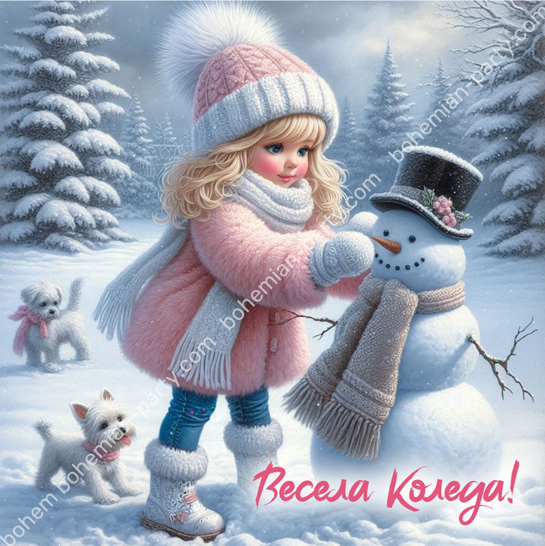 -розова-коледа-картичка-с-малко-момиченце-и-снежен-човек