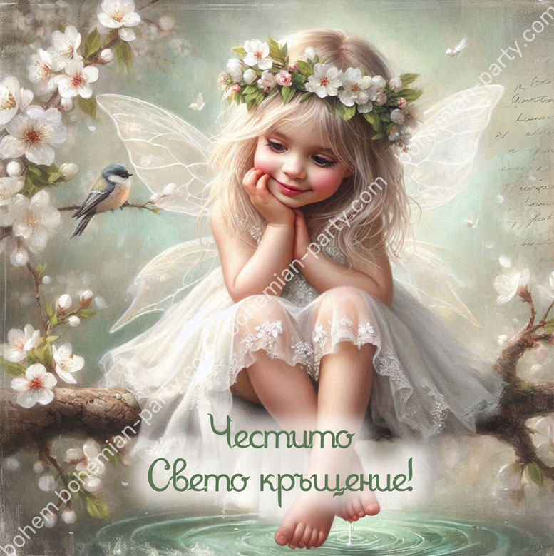 картичка-за-кръщене-с-ангелче-в-бяло-с-пролетни-цветове